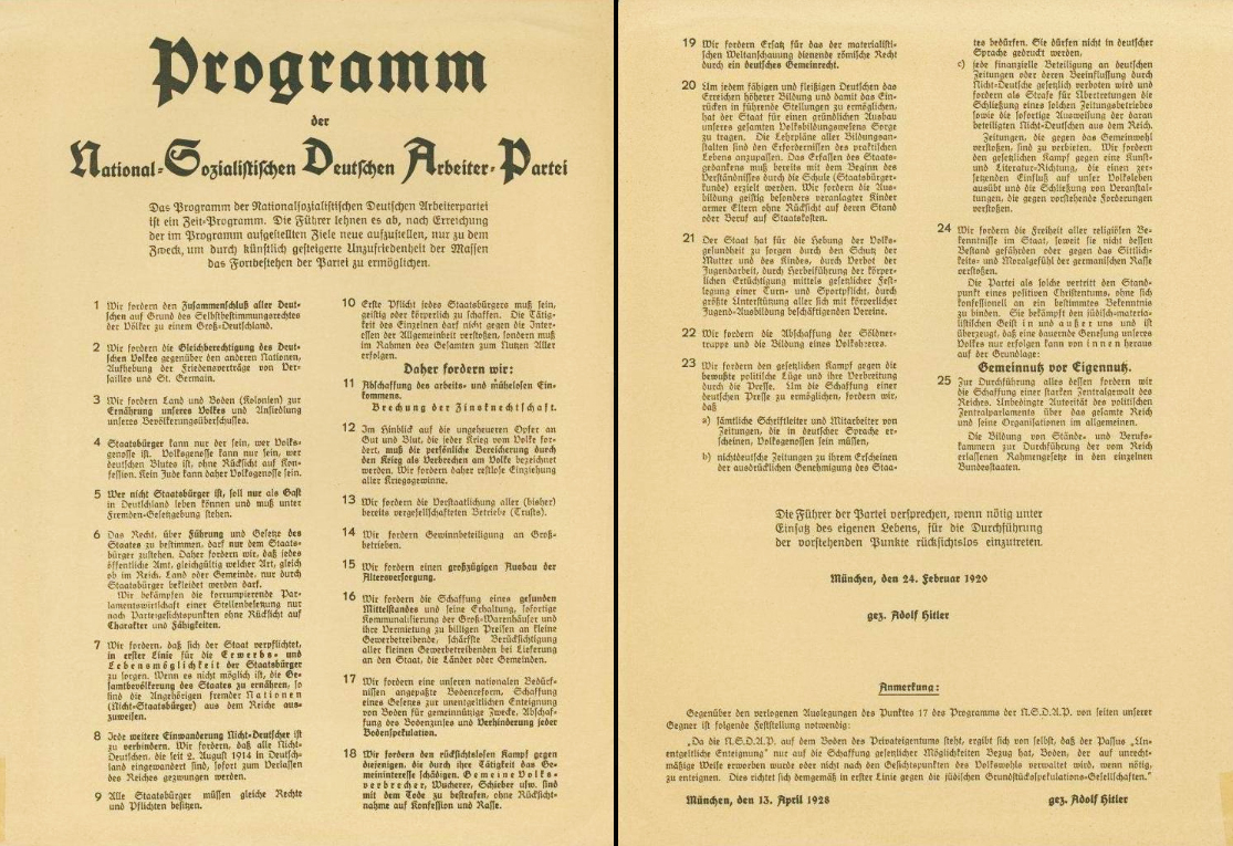 Adolf Hitler presents the 25 points program of the NSDAP (Das 25-Punkte-Programm der Nationalsozialistischen Deutschen Arbeiterpartei) at the first public meeting of the party in Munich's Hofbräuhaus
